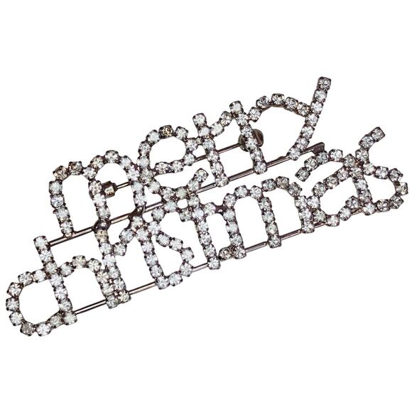 Rhinestone Merry Christmas Brooch Prong Set Silver Tone Sparkling Festive Pin - Picture 1 of 12